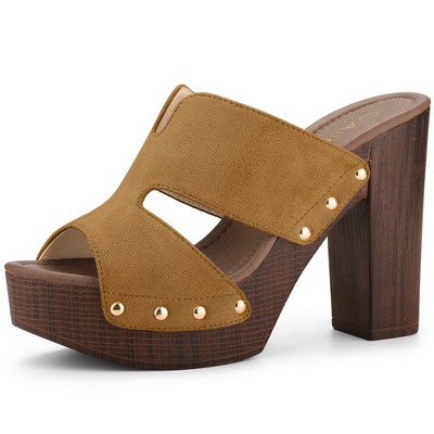 Allegra K Women's Faux Suede Peep Toe Platform Block Heel Slides Sandals