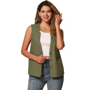 Allegra K Women's Cotton Linen Casual V Neck Button Down Sleeveless Vest - 1 of 4