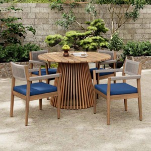 5 PCS Patio Dining Set with Round Slatted Table, Braided Rope Armrest Chairs, Acacia Wood Dining Chairs with Polyester Cushion-Coolbibila - 1 of 4
