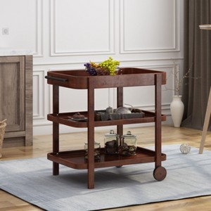 Christopher Knight Home Pine Mid-Century Acacia Wood 3-Tier Bar Cart with Wooden Wheels - 1 of 4