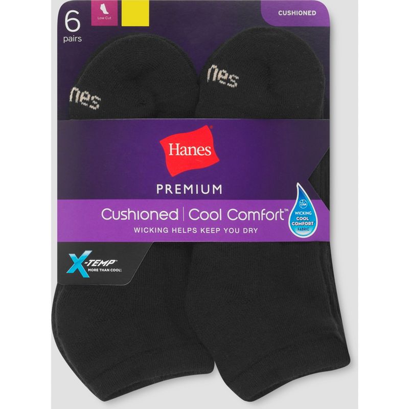 Hanes Premium 6pk Women&#39;s Cushioned Low Cut Socks - Black 8-12, 3 of 4