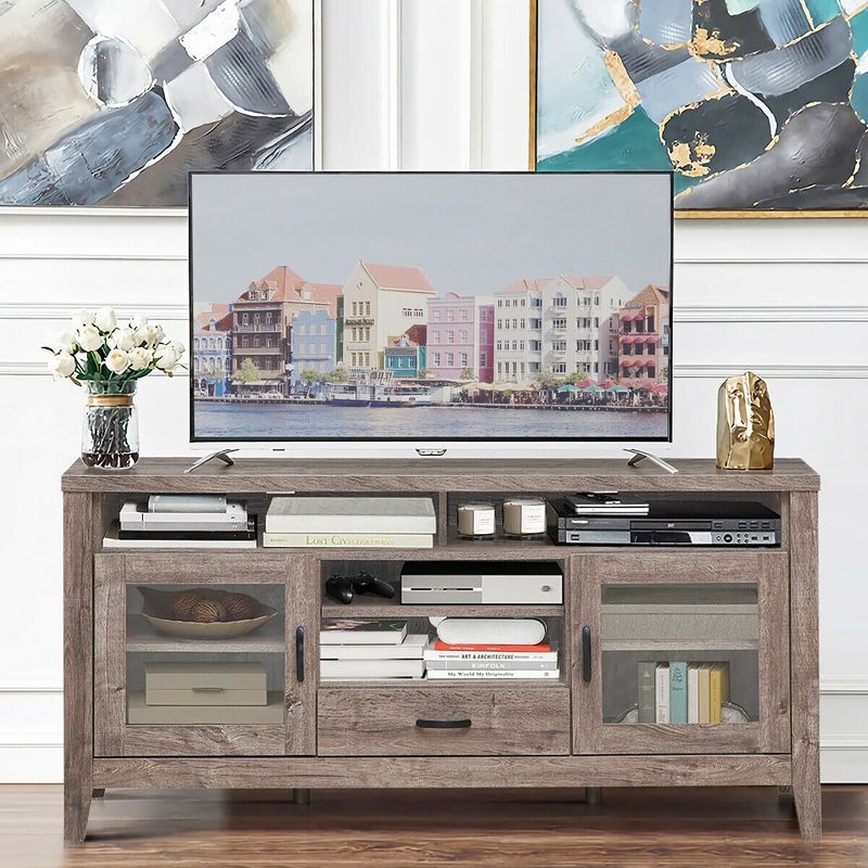 Costway TV Stand Tall Entertainment Center Hold up to 65'' TV w/ Glass Storage & Drawer, 4 of 11