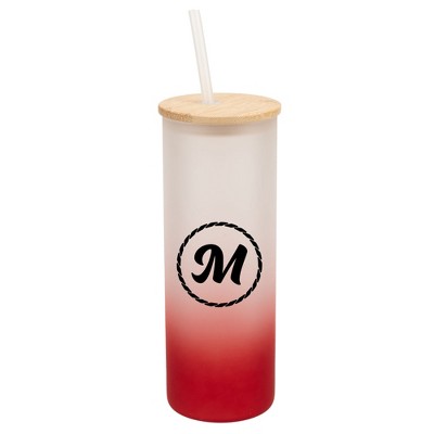 Elanze Designs M Monogram Letter Initial Rope Circle Wrap-Around Design 25 Ounce Frosted Gradient Glass On-The-Go Coffee Travel Skinny Tumbler Mug