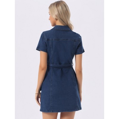 Женские платья INSPIRE CHIC Women Denim Button Down Short Sleeve Belted Casual Jean Shirt Dresses Large Deep Blue — фото 3