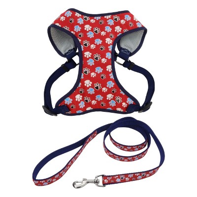 Coastal Pet Ribbon Dog Leash Set - Patterned Dog Leash (1" x 6') & Patterned Dog Harness (3/4" x 22"–28") - Red with Paws