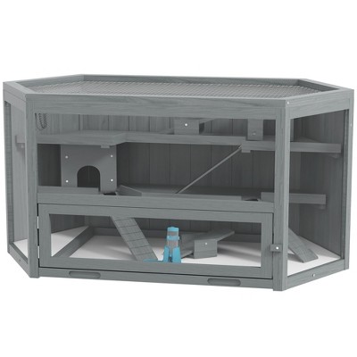 SKYONE 3-Tier Gray Wooden Hamster Cage with Seesaws, Hideouts & Tray - Small Animal Activity Play
