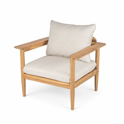 Outdoor Acacia Wood Lounge Chair with Beige Cushions,Wide Backrest and Armrests–The Pop Home