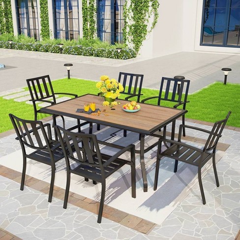 7pc Outdoor Dining Set Faux Wood Table 6 Stackable Chairs