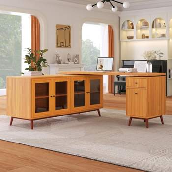 66.5" Modern L-shaped Executive Desk with delicate tempered glass Cabinet Storage,Large Office Desk with Drawers-Maison Boucle