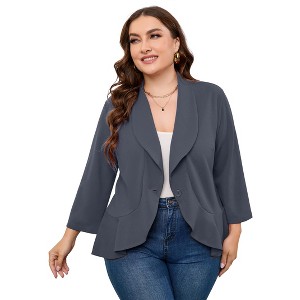 Women's Ruffled Hem Blazer Cardigan, Single-Button Lapel Jacket with 3/4 Sleeves for Casual & Office Wear - 1 of 4