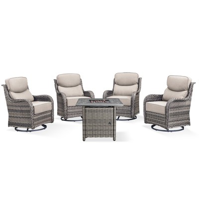 Buenhomino 7 Pieces Outdoor Patio Furniture Set with 30" Square Fire Pit Table, Rattan Wicker Swivel Rocker Chairs Sets