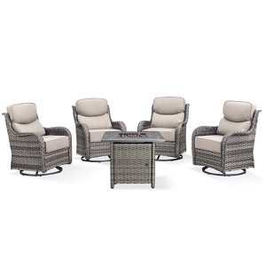 Buenhomino 7 Pieces Outdoor Patio Furniture Set with 30" Square Fire Pit Table, Rattan Wicker Swivel Rocker Chairs Sets - 1 of 4