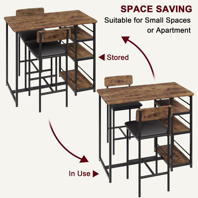 Kitchen Table Set, Dining Table and 2 Upholstered Bar Chairs with 3 Large Storage Shelf, Dining Room Table Set for Small Spaces, Apartment, Home, 5 of 8