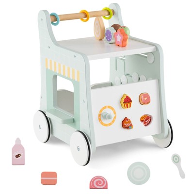 Infans Wooden Baby Walker Ice Cream Cart Toy with Sweet Accessories & Smooth Wheels