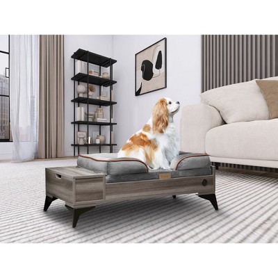 Medium Gray Wooden Elevated Pet Bed with Storage and Water-Resistant Mattress