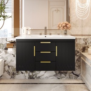 NicBex 36"Floating Bathroom Vanity with Top Resin Sink,Modern Wall-Mounted Bathroom Vanity Combo with 2 Doors&3 Drawers,No Faucet Included - 1 of 4
