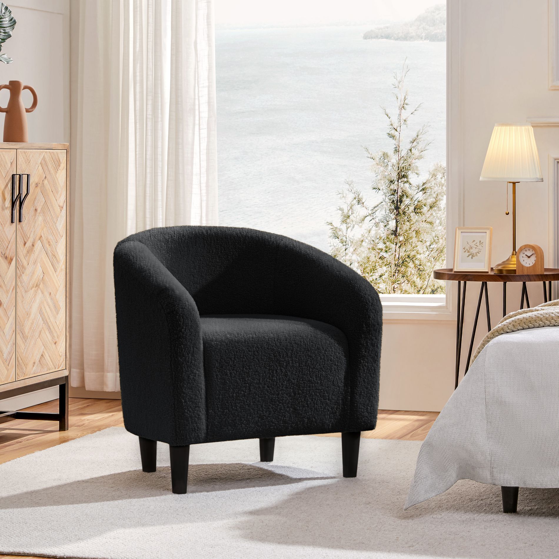 Yaheetech Boucle Barrel Accent Chair, Upholstered Armchair for Living Room, Bedroom, Office & Reception Room, Black