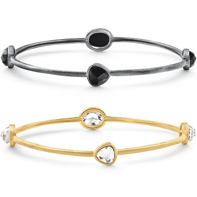 Pompeii3 18K Gold Plated Silver Set Of Two Onyx/Topaz Bangle Bracelet 2mm