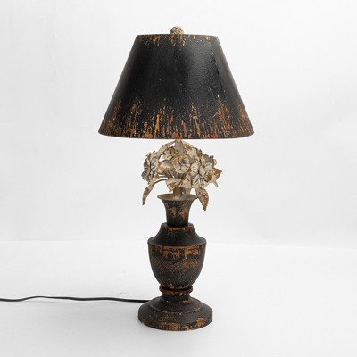Vintage Floral Table Lamp with Distressed Black Shade and Elegant Flower Accents, Rustic Home Decor, 1pc