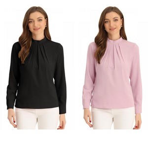 INSPIRE CHIC Women's Business Casual Stand Collar Chiffon Long Sleeve Blouse 2 Packs - 1 of 4