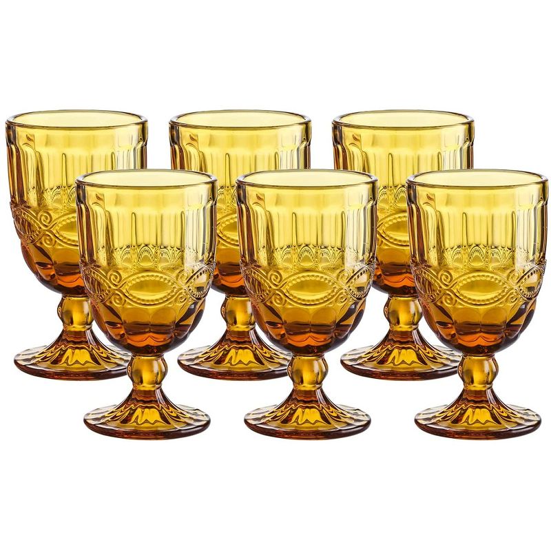 Whole Houseware 8.7 Oz Colored Amber Drinking Glasses Pressed Pattern with Stem Set of 6, Amber, 1 of 6