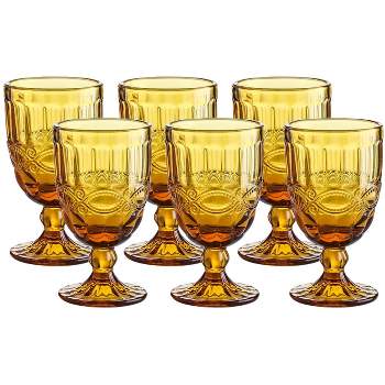 Whole Houseware 8.7 Oz Colored Amber Drinking Glasses Pressed Pattern with Stem Set of 6, Amber