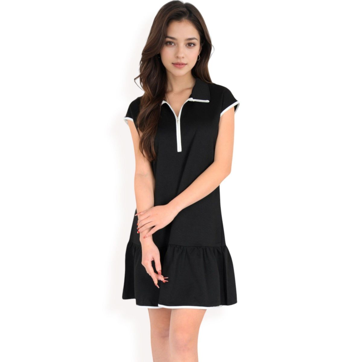 Anna-Kaci Women's Zip-Up Collared Dress with Ruffle Hem - thumbnail 5