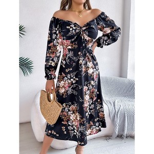 Women'S Long Sleeve Boho Dress Floral Print Long Dress Dressy Casual Square Neck a Waist A Line Midi Sundress - 1 of 4