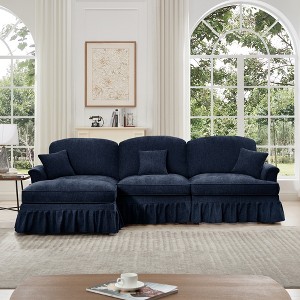 L-Shaped Sectional Sofa with Flared Arms, Removable Ruffles Pleats Skirts & Spindle Legs, Chenille Deep Seat Couch with Movable Ottoman - 1 of 4