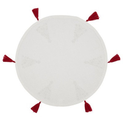 Round White Cotton Placemats with Red Embroidered Christmas Trees, Set of 4