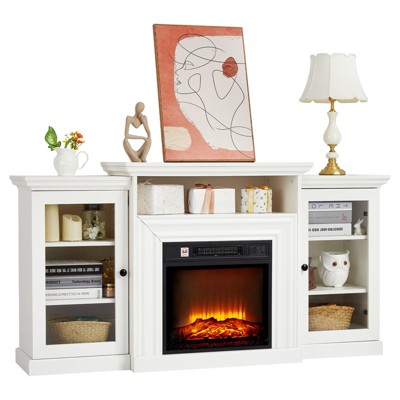 TV Stand with Mantel, Electric Fireplace, 3D Flame, Adjustable Heat & Storage, Entertainment Center for Living Room or Bedroom, Remote Control