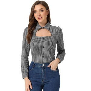 Allegra K Women's Choker Neck Houndstooth Print Long Sleeve Gothic Cutout Top - 1 of 4