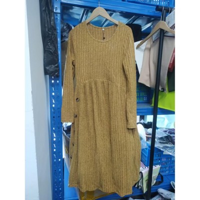 Round Neck Long Sleeve High Waist Large Swing Side Button Maternity Dress