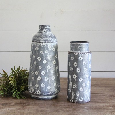 Rustic Gray and White Floral Pattern Metal Decorative Vase