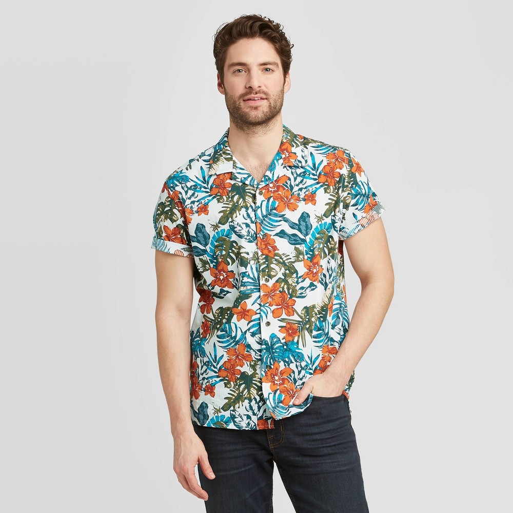 Men's Standard Fit Short Sleeve Seersucker Camp Shirt - Goodfellow & Co Orange XL was $19.99 now $12.0 (40.0% off)