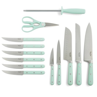 Martha Blue 14-Piece Stainless Steel Knife Block Set with Acacia Wood Block