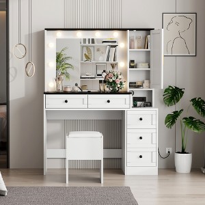 Modern Vanity Stool Set, Farmhouse Makeup Table and Stool with Lighted Mirror, Power Outlets, 6 Drawers, Cabinet, Wooden Vanity Desk for Bedroom - 1 of 4