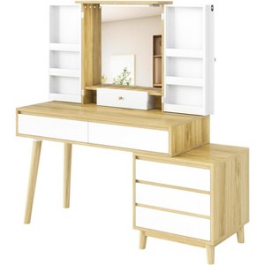 Acekool Vanity Desk with Mirror, 6 Drawers, Storage Cabinet and Stool, Modern White & Oak for Bedroom - 1 of 4