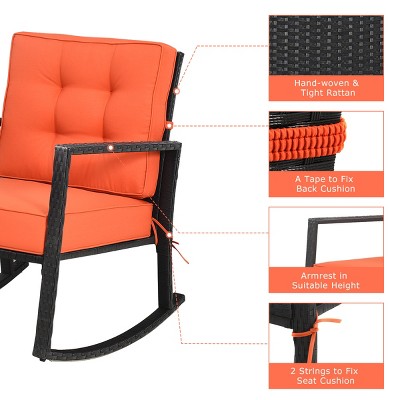 Black Iron Rocking Armchair with Orange Cushions