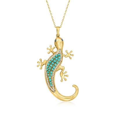 Ross-Simons Turquoise and .90 ct. t.w. White Zircon Lizard Pendant Necklace With .10 ct. t.w. London Blue Topaz in 18kt Gold Over Sterling Size 18