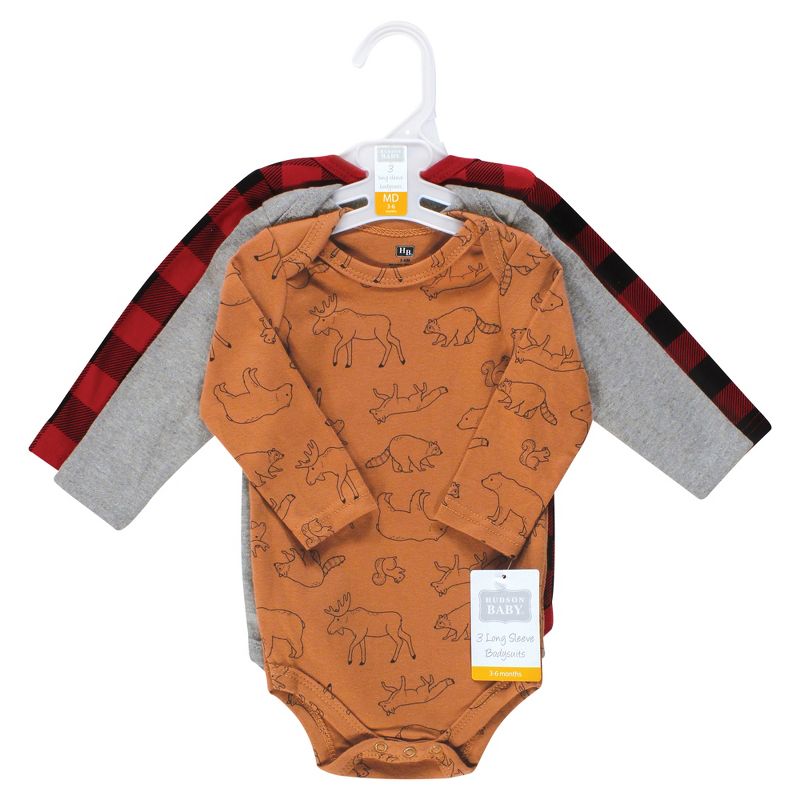 Hudson Baby Infant Boy Cotton Long-Sleeve Bodysuits, Into The Woods Prints 3-Pack, 2 of 6