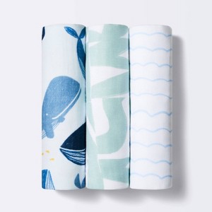 Muslin Swaddle Blanket - White/Blue - 3pk - Cloud Island™ - 1 of 3
