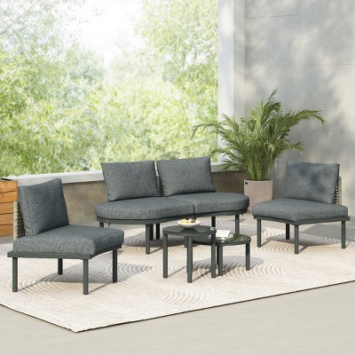 6 Piece Wicker Patio Sofa Set,Half-Moon Sectional Sofa with 2 Coffee Tables,Outdoor Patio Furniture Conversation Sets with Cushions-Coolbibila