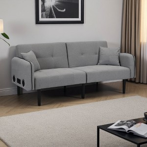 Folding Ottoman Sofa Bed with Built-in Stereo, Bluetooth & Linen Upholstery - 1 of 4