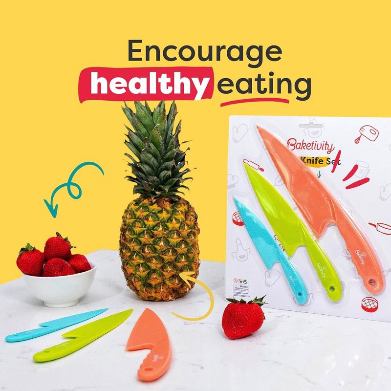 Baketivity 3 Piece Kids Knife Set | Plastic Kids Safe Knives for Kitchen | Dishwasher Safe, Kid Friendly Safe Knives Set for Cutting Fruits, Veggies, 4 of 10