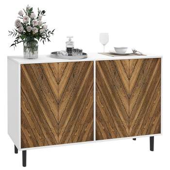 HOMCOM Modern Kitchen Sideboard Buffet Cabinet with Adjustable Shelves, 48" Coffee Bar Cabinet with Chevron Doors and Pine Wood Legs, Brown