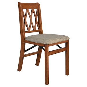 2pc Lattice Back Folding Chairs with Blush Seat and Wood Cherry - Stakmore: Upholstered, No Assembly, Satin Finish - 1 of 3