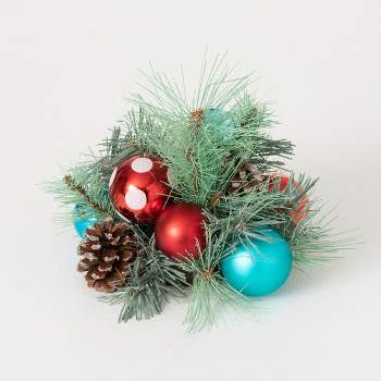 Sullivans Artificial 7" Pine Orb with Red and Teal Ornaments