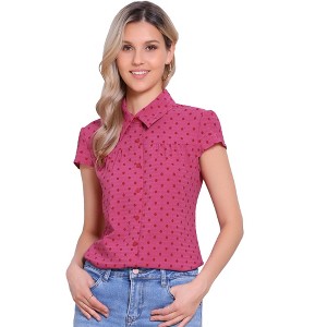 INSPIRE CHIC Women's Short Sleeve Vintage Polka Dots Button Up Blouse - 1 of 4