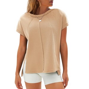 EXLURA Womens Summer Oversized Tops Short Sleeve Crewneck Waffle Shirts Casual Blouses - 1 of 4